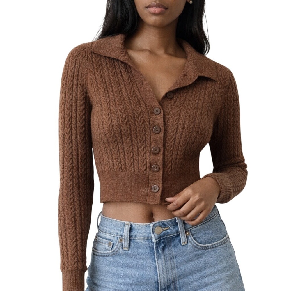 SPARTINA 449 Merino Wool Cropped Cable knit button front Cardigan Fitted Brown M